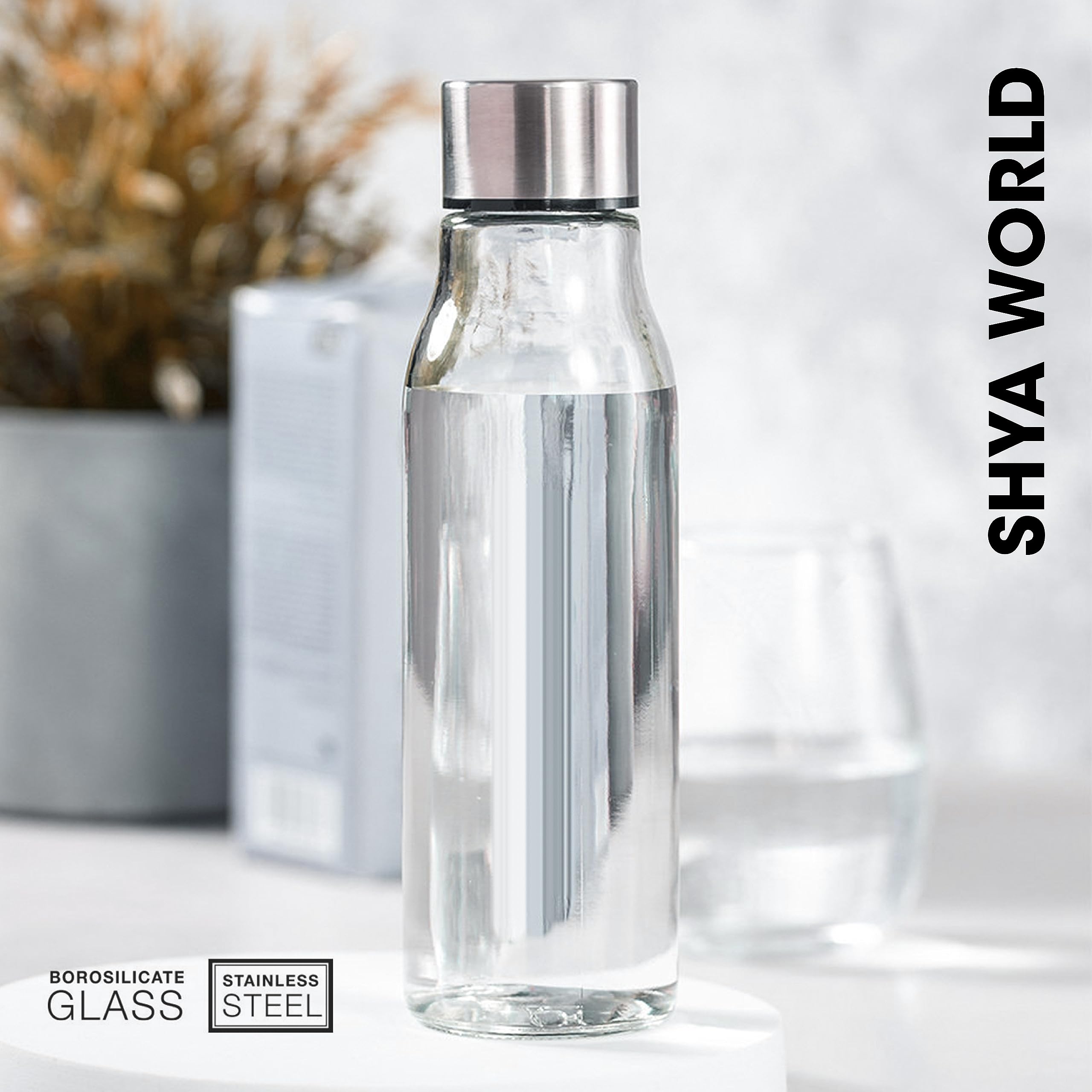 Botella De Cristal para Agua Cuerpo de Acabado Transparente borosilicato Tapón a Rosca en Acero Inoxidable. Cajas Individuales por Botella. (10)