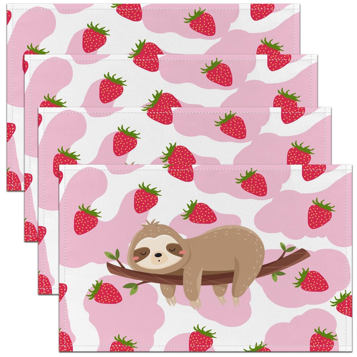 Cute Sloth Placemats Set of 4 45X30cm Kawaii Animal Table Place Mats Decor Strawberry Placemat Kitchen Dining Table Decor Indoor Outdoor Pink