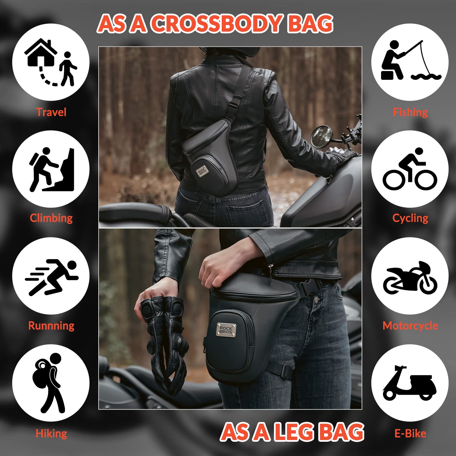 ROCKBROS Bumbag Motorcycle Waist Bag for Men Woman Adjustable Fanny Pack with 2 Zipper Pockets Cycling Leg Bag with Removable Elastic Thigh Belt for Travel Hiking - Image 4