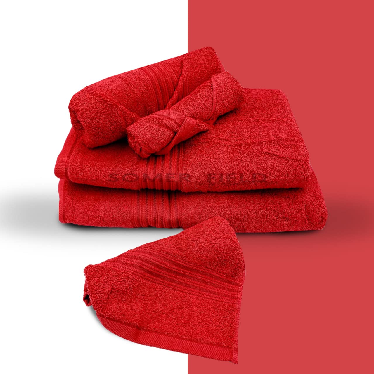 Somer Field - Towels - Premium Quality 5 Piece Soft 100% Cotton 750 GSM Highly Absorbent Bathroom Towels Set (1 Beach Towel + 1 Bath Towel + 1 Hand Towel + 2 Face Towel (Cherry Red)