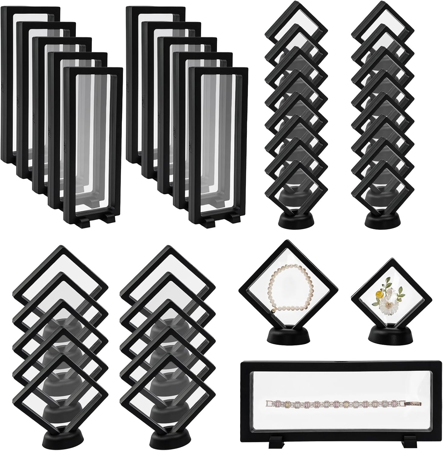 WCHOSOZH 36Pcs 3D Floating Display Case, Floating Coin Display Stand Holder with Base, Transparent PE Film Jewelry Storage Box Suspension Frame for Rock Challenge Medallions Collection(Black,3 Size)