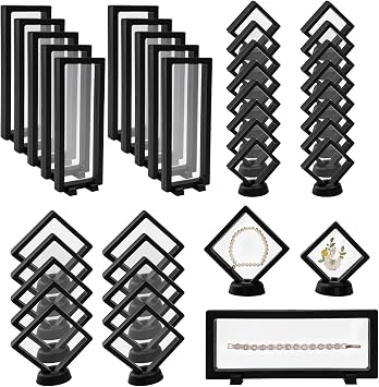 36Pcs 3D Floating Display Case, Floating Coin Display Stand Holder with Base, Transparent PE Film Jewelry Storage Box Suspension Frame for Rock Challenge Medallions CollectionBlack,3 Size