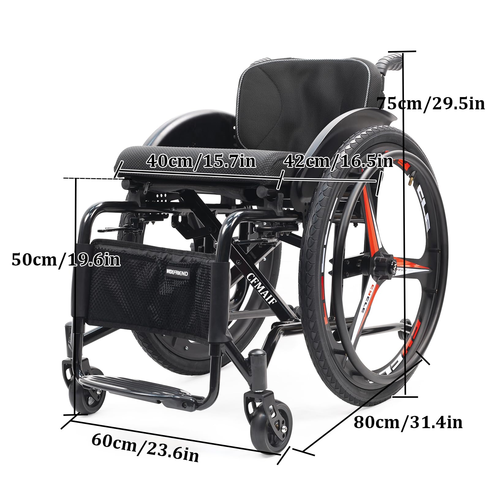Sedia a Rotelle ad Autospinta Pieghevole Leggera, Poggiapiedi Pieghevoli, Freno Manuale, Ruote antiribaltamento(40cm/15.7in Seat,Daily)