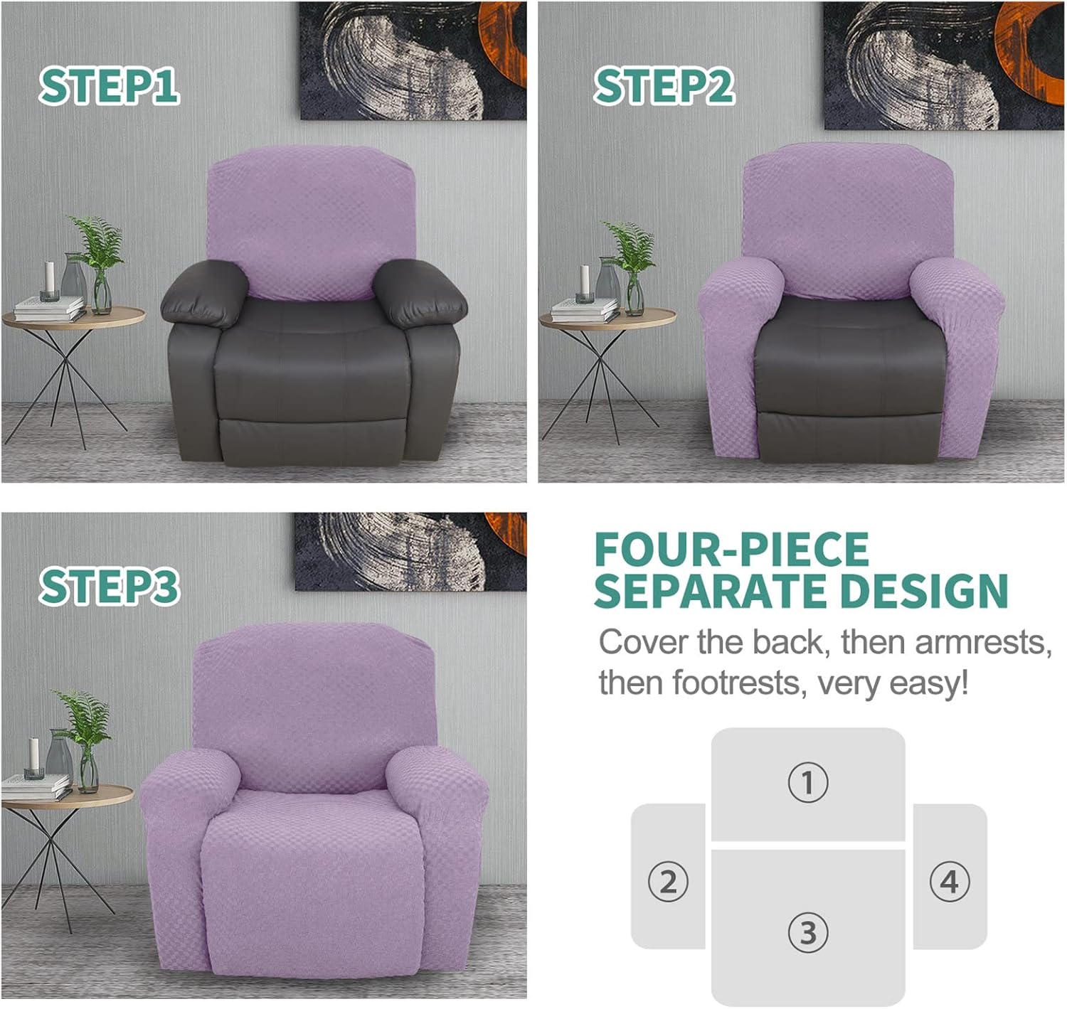 Recliner Chair Covers 4-Pieces Stretch 1 Seater Reclining Sofa Slipcover Furniture Covers with Elastic Bottom (Purple,1 Seater)