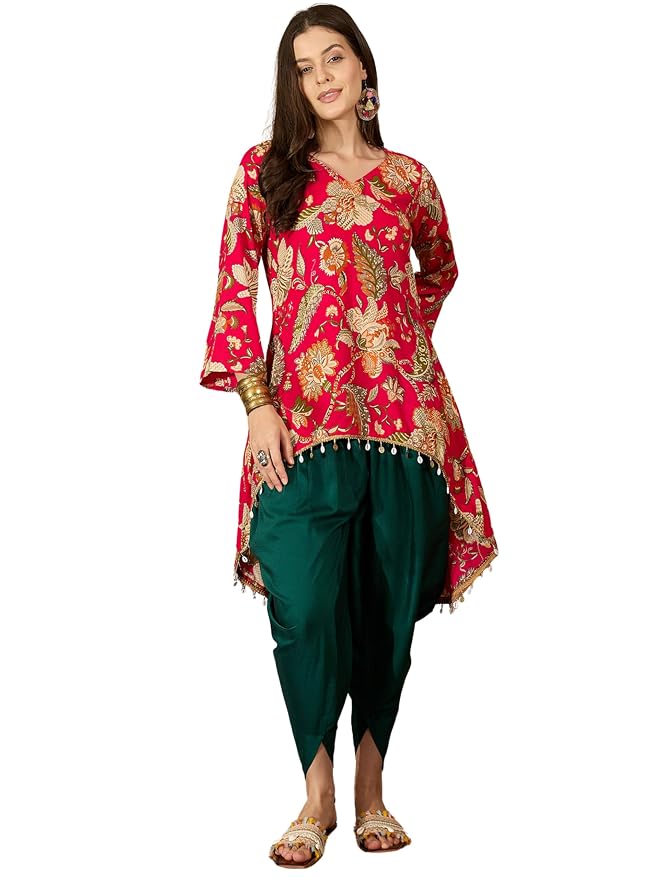 Women's Rayon Floral Print High-Low C-Cut Kurta with Dhoti Pant Set (Pink)