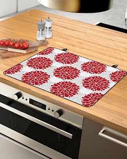 Red Dahlia Stove Top Cover for Electric Stove, Vintage Country Grey Abstract Flowers Floral Heat-proof & Non Slip Glass Top Stove Cover Protector, Kitchen Flat Cooktop Rubber Mat 36x21 Inches
