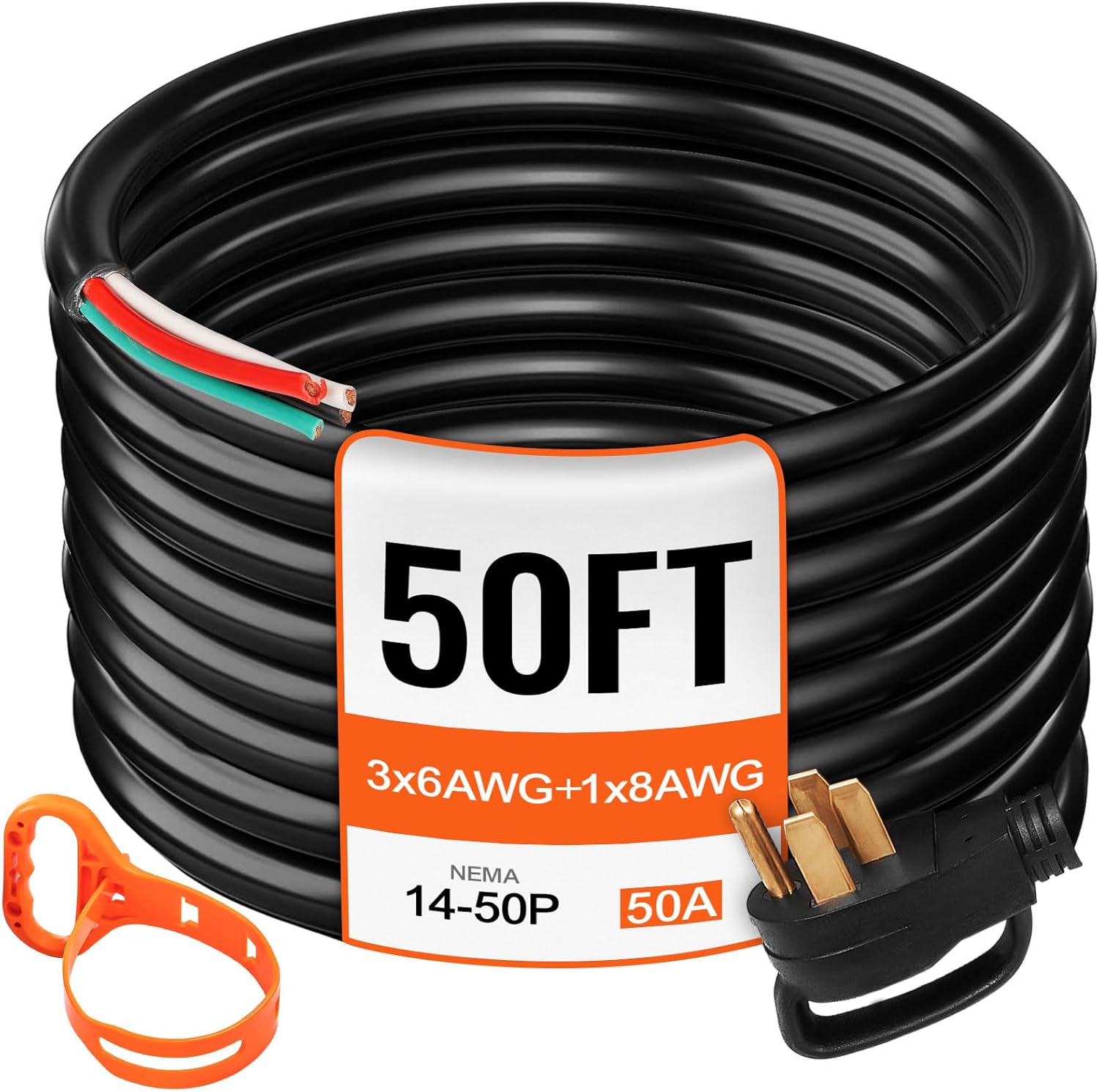 VEVOR 50FT 50Amp Generator Extension Cord 6 Gauge STW 6/3+8/1 RV Power Cord NEMA 14-50P to Bare Wire, Cut Wire for Trailer Motor Campers Home Generator