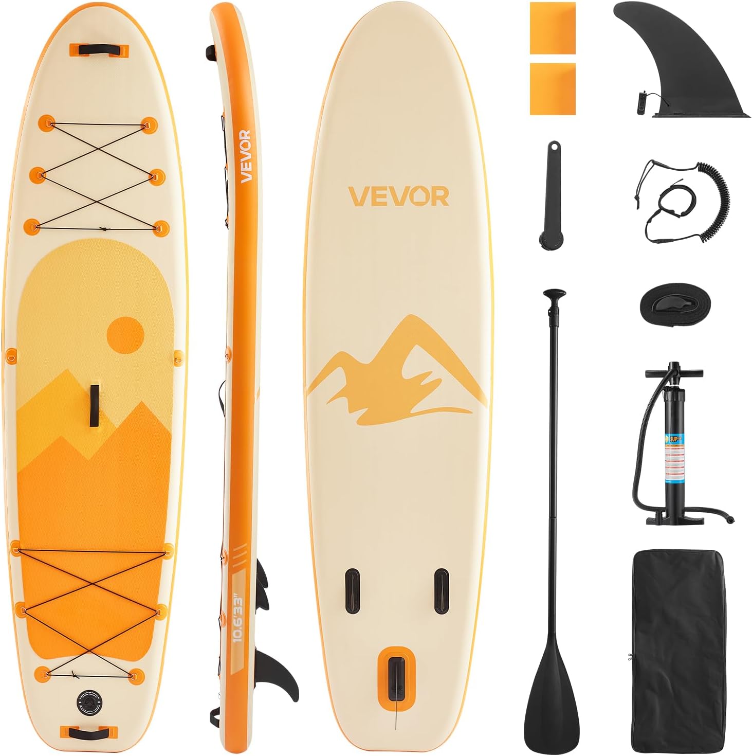 Image displaying all accessories included with the VEVOR SUP-320 inflatable paddle board: paddle, large fin, ankle leash, repair patches, backpack, wrench, strap, and bi-directional air pump.