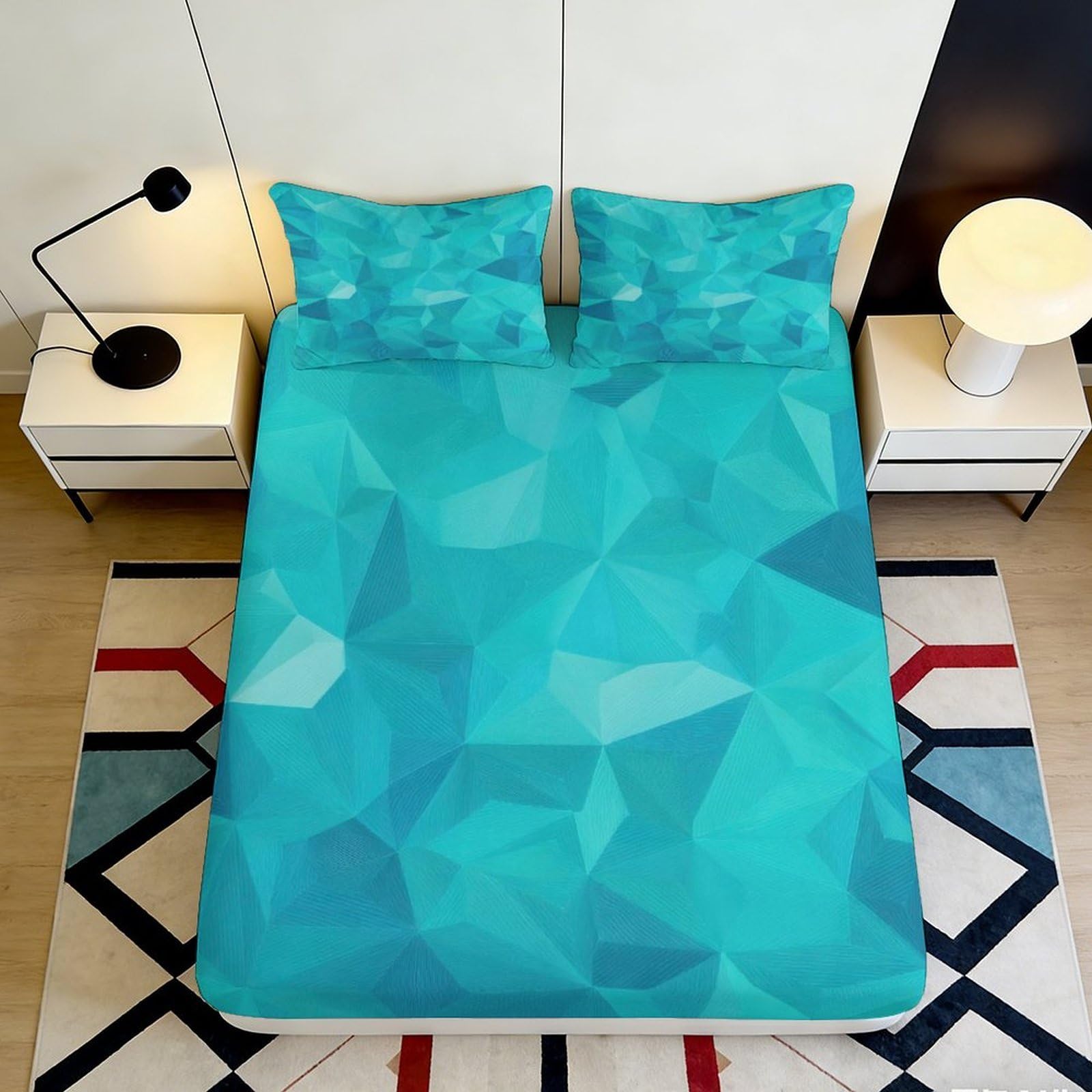 3D Printed Geometric Polygon Blue Fitted Sheet Microfiber Soft Mattress Cover for Bedroom Guest Room Dorm Protection 140x200x25cm
