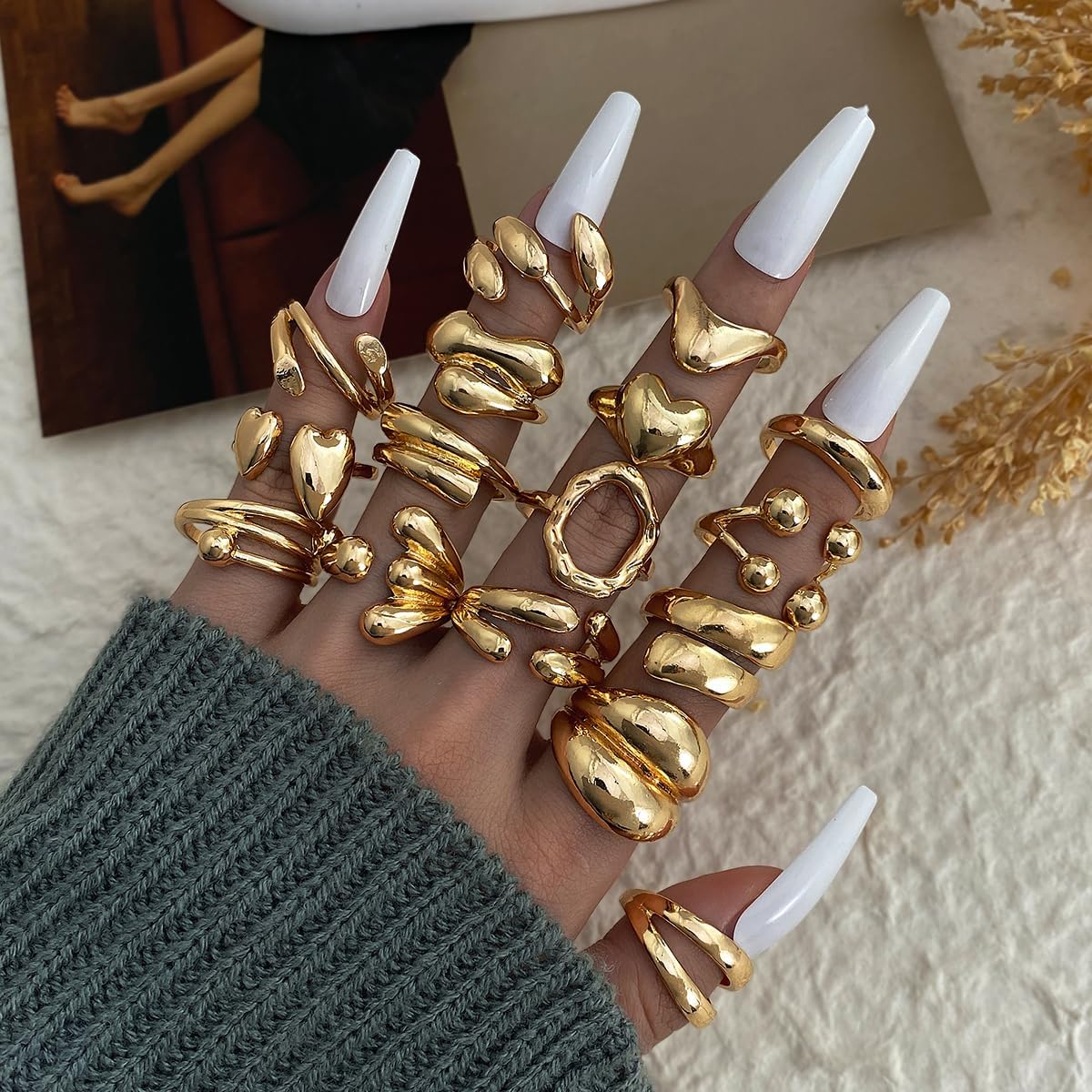 Chunky Rings for Women Non Tarnish 14k Stackable Dome Statement Rings Sets Vintage Dainty Knuckle Open Midi Finger Rings Jewelry Pack Gifts