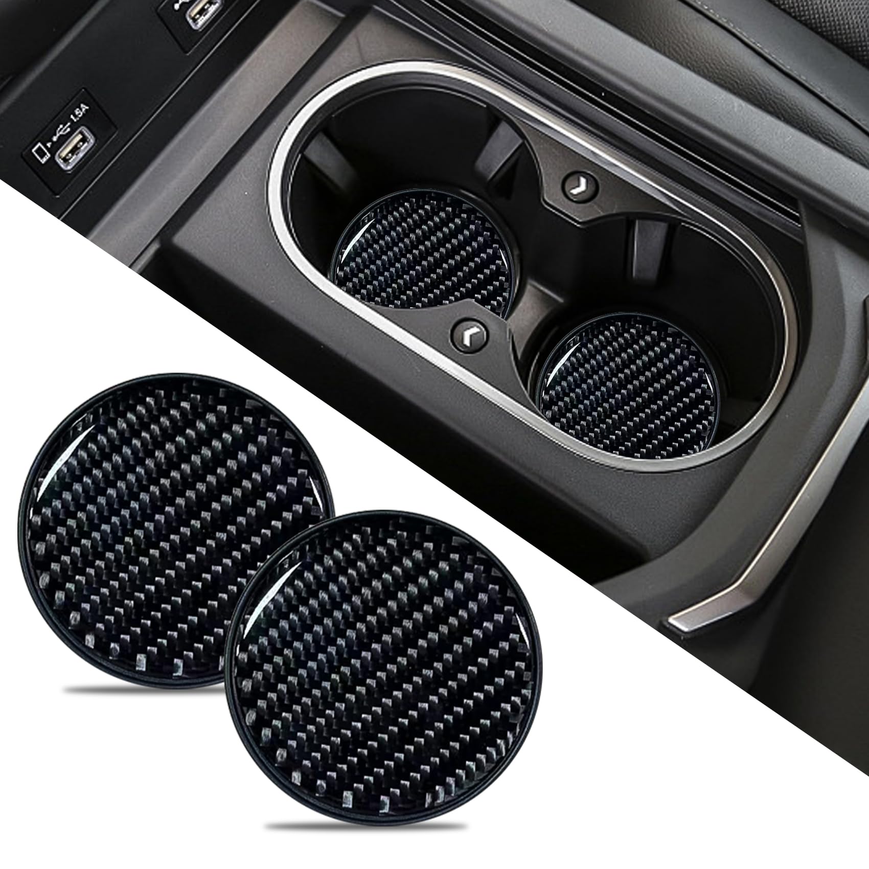 2 PCS Car Cup Holder Coaster, Carbon Fiber Non-Slip Embedded Coasters, 2.75In Universal Non-Slip Recessed Car Interior Accessories Cup Holder Insert Coaster Pad for Cars (Black)