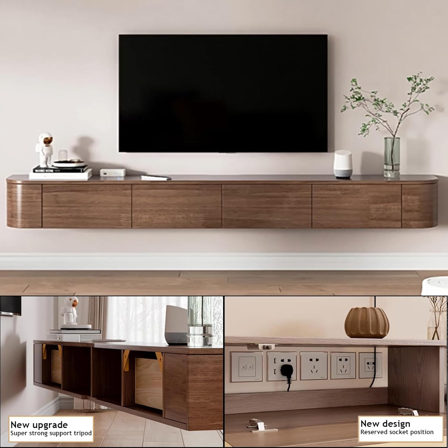 Floating TV Stand Cabinet Wall Mounted Entertainment Center Media TV Console Storage Shelf with Flip-Down Doors & Drawers for Living Room Bedroom Office(78in,Rustic Brown-LED Lights)