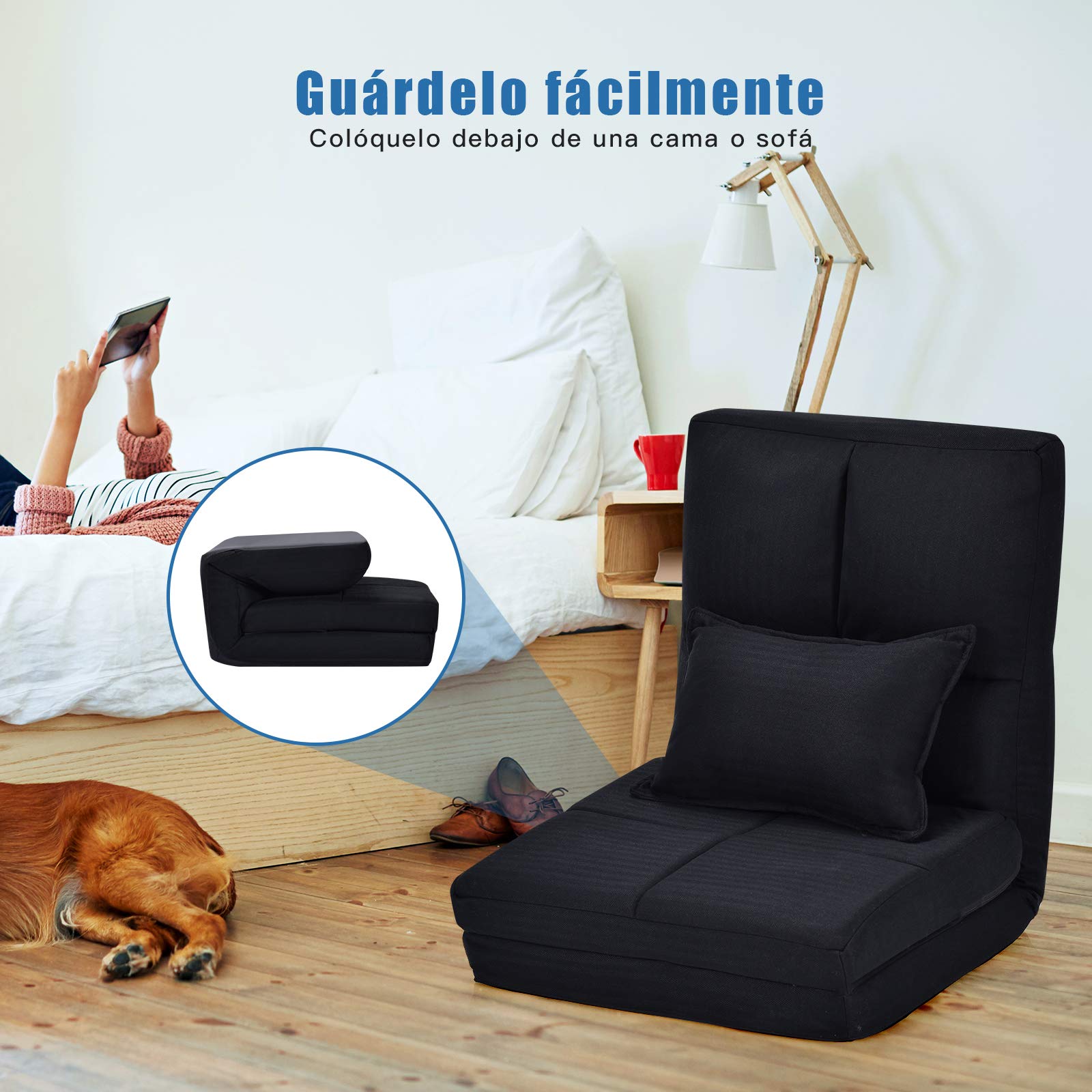 COSTWAY Sofá de Suelo con Respaldo Ajustable Silla Plegable con Función Reclinable y Cojín Lumbarde Asiento Meditación Carga hasta 100kg (Negro)