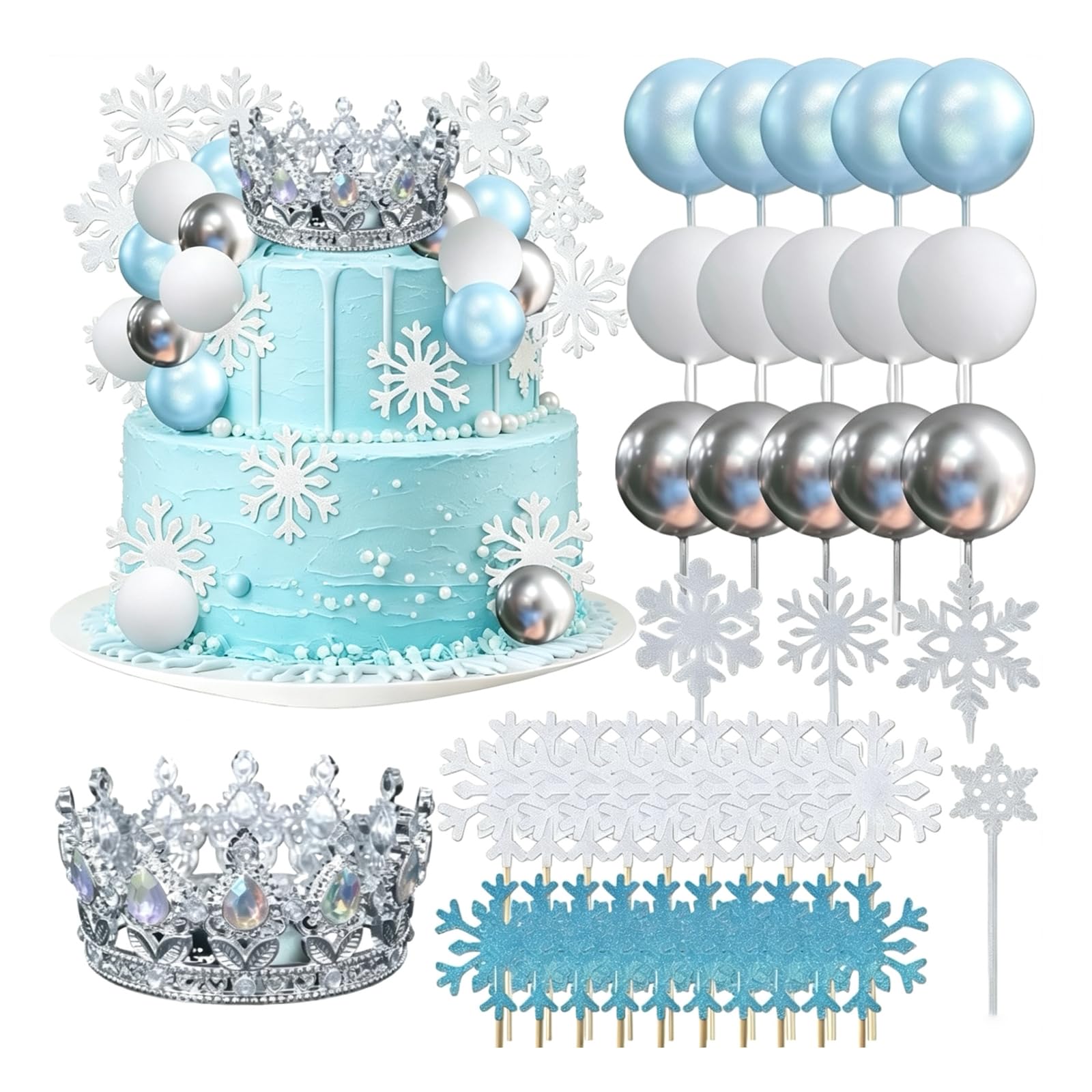 Crown Snowflake Cake Toppers, Frozen Cake Toppers 30-Piece Set Decorations