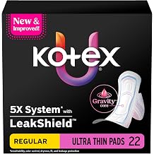Kotex Ultra Thin Pads with Wings, Regular Absorbency, 22 Count Packaging May Vary