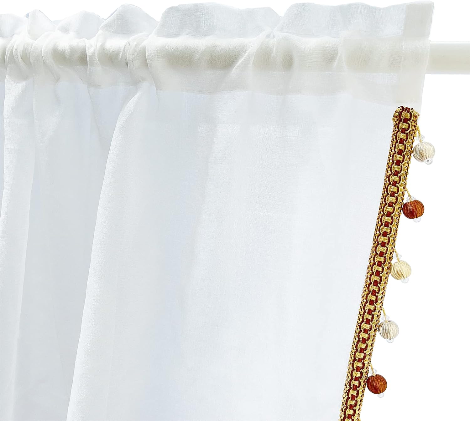 Gxi Boho Linen White Sheer Curtains Beaded for Living Room Rod Pocket Voile Panel Tulle Light Filtering Drapes for Bedroom, 2 Panels, Each W75 x L108 inch