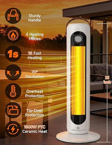 Miniatura 3 de Calentador de espacio de 24 pulgadas con 4 modos de calor, oscilación de 70°, protección contra sobrecalentamiento y vuelco, calentadores eléctricos