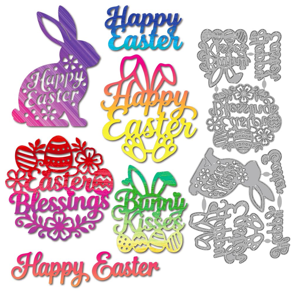 MAYJOYDIY Happy Easter Bunny Metal Cutting Dies Easter Blessings Text with Eggs and Flowers Die Cuts Stencils Bunny Kisses with Eggs Embossing Template for DIY Paper Craft Card Making Album Decor
