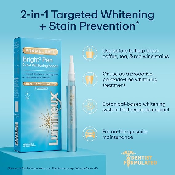 Lumineux 2-in-1 Whitening Pen Enamel Safe and Clinically Proven to Whiten Without The Sensitivity - Removes Coffee, Tea, and Smoking Stains
