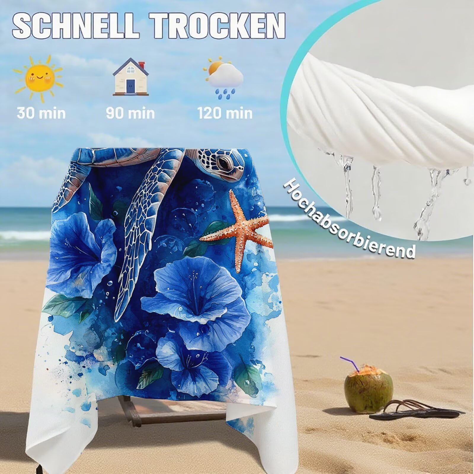 Serviette de Plage XXL 100x200 cm,Tortues de mer Serviette Plage Microfibre avec Séchage Rapide Anti-Sable Absorbante Fonction Design pour Vacances Piscine Pique-Nique Voyages Yoga, Cadeau Femme Q-844