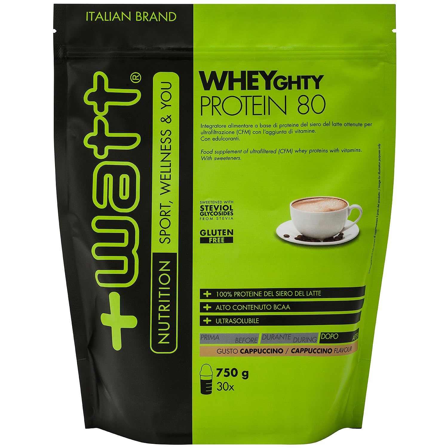+Watt Wheyghty Protein 80 - 80% skoncentrowany suplement białka serwatki - 750 g Doypack - Smak Cappuccino