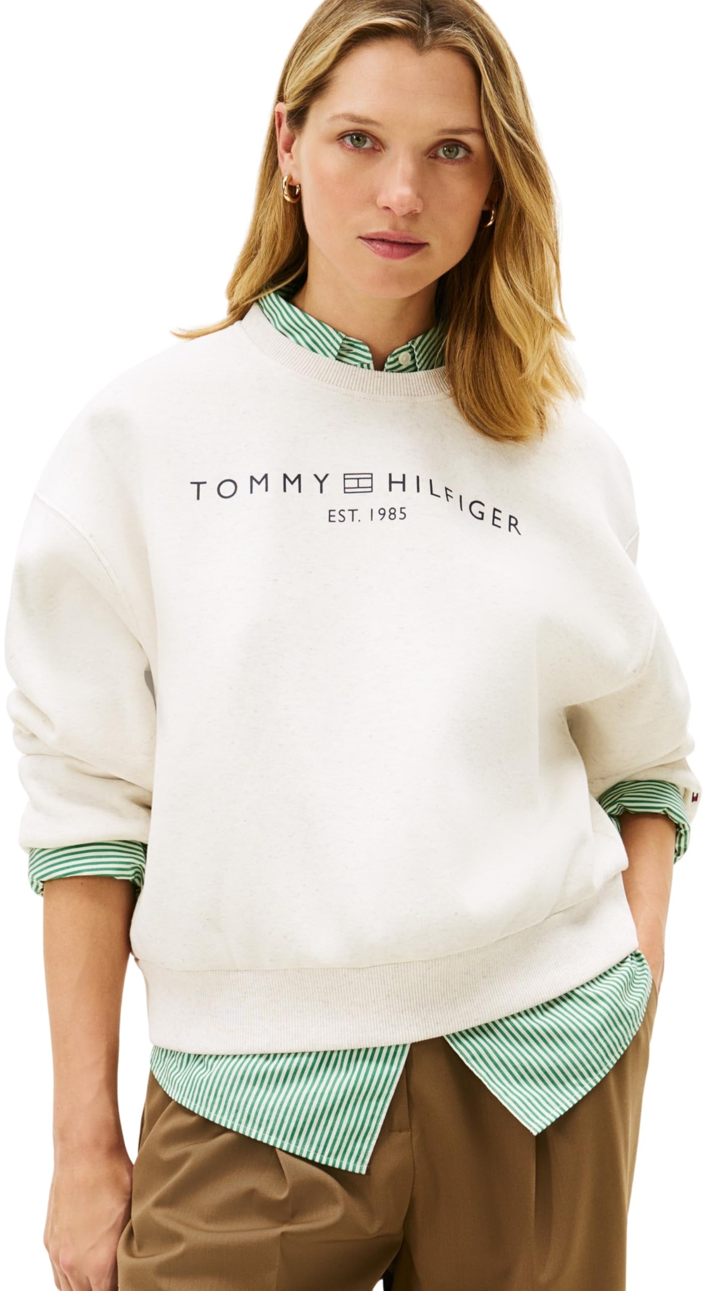 Tommy Hilfiger Women's CORP LOGO MDRN SWTSRT WW0WW47831 Pullover Sweatshirt, WHITE (Ecru Heather), M