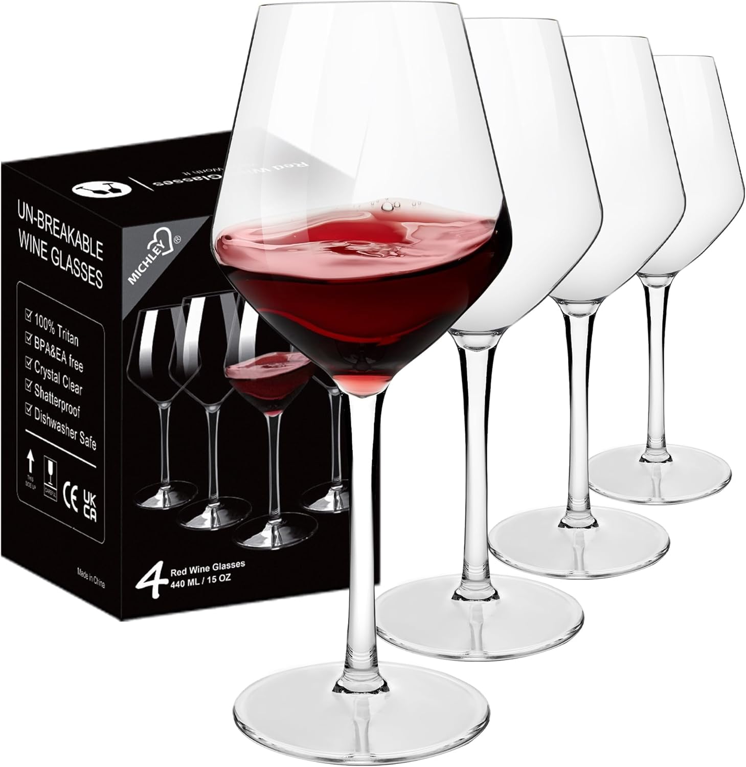 MICHLEY Unbreakable Stemmed Wine Glass 100% Tritan Plastic Dishwasher available Glassware 15 oz, Set of 4