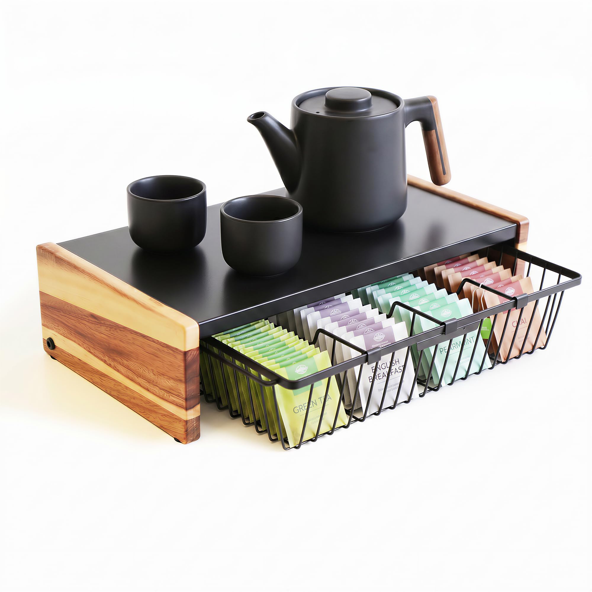 WILDMOS Organiseur de sachets de thé, panier métallique pour comptoir de thé, boîte de présentation pour comptoir de cuisine.