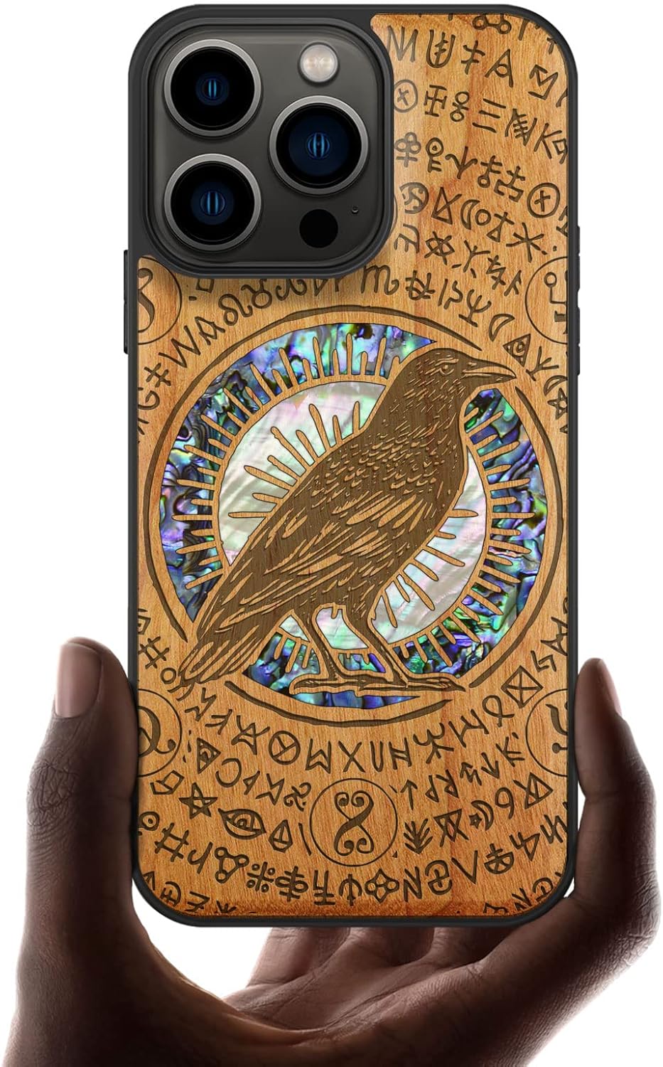 Carveit Designer Wooden Protective Case for iPhone 13 Pro Magnetic Cover [Wood Engraving & Shell Inlay] Wood Phone Case Compatible with 13 Pro MagSafe 6.1 Inch (Raven-Rosy)