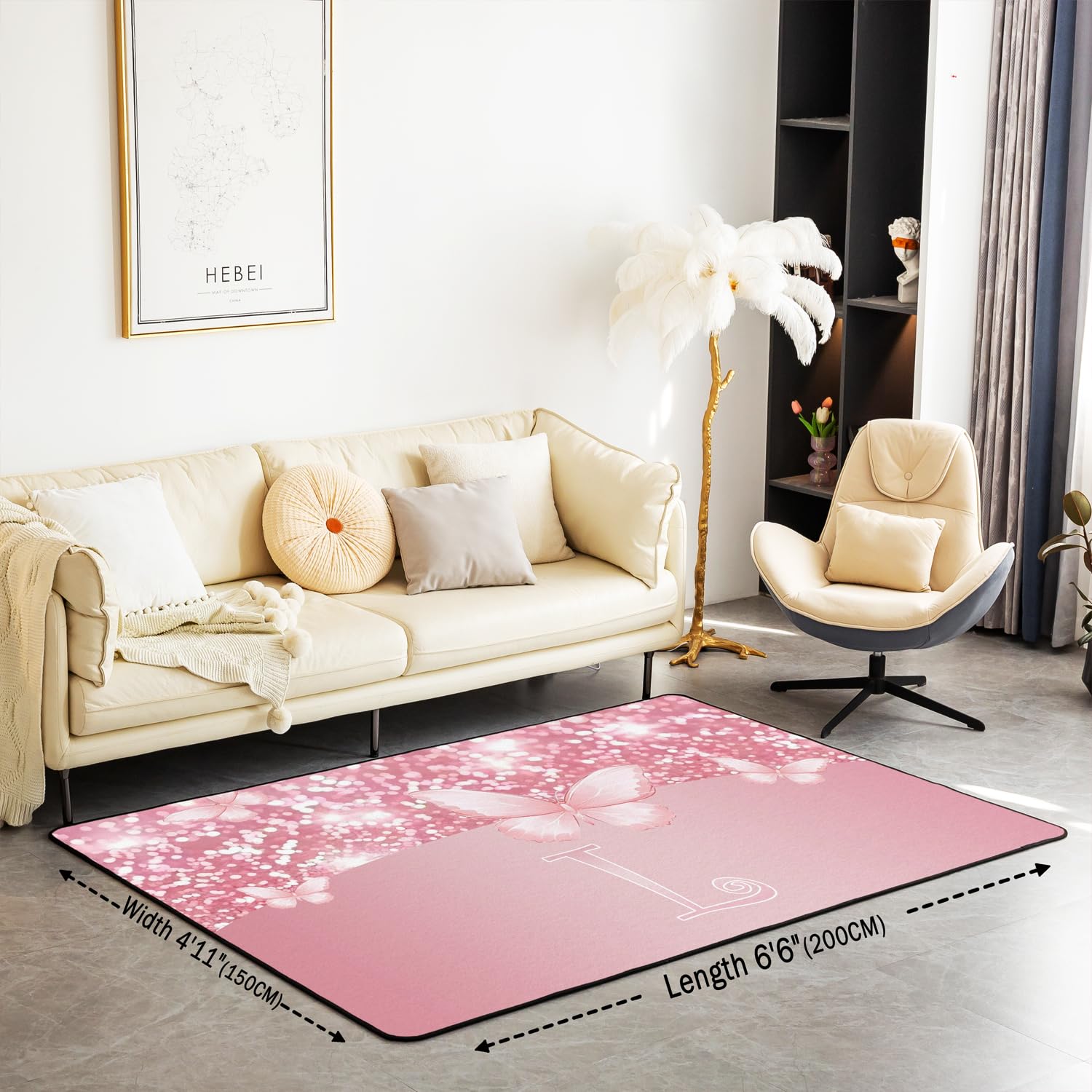 Rose Bowknot Lettre L Tapis Exterieur garçons Filles Mignon Papillon Tapis Salon 100x150cm Antidérapant Mousse Glitter Impression Chambre à Coucher décor