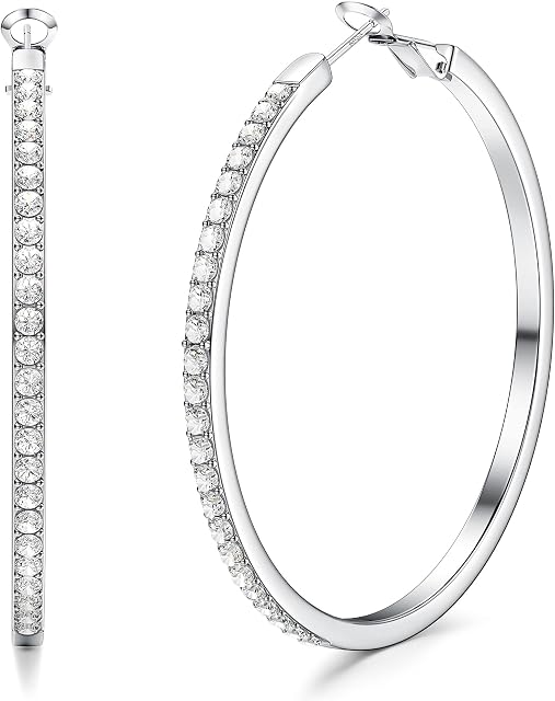 JeweBella Silver Hoops Earrings for Women 925 Sterling Silver Post Large Hoop Earrings with 5 A+ Cubic Zirconia Hypoallergenic Lightweight Big Hoop Earrings 40mm/50mm/60mm