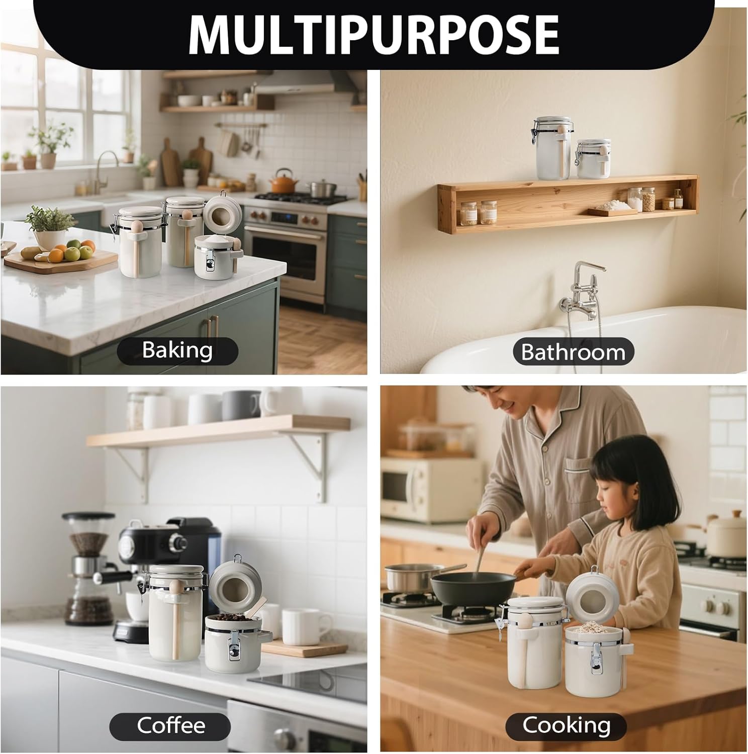 4-Piece Airtight Ceramic Canisters Set with Wooden Spoons & Chalk Labels – Perfect for Coffee, Sugar, Flour, Tea (Cream) – Stylish & Leakproof Kitchen Storage - Image 7