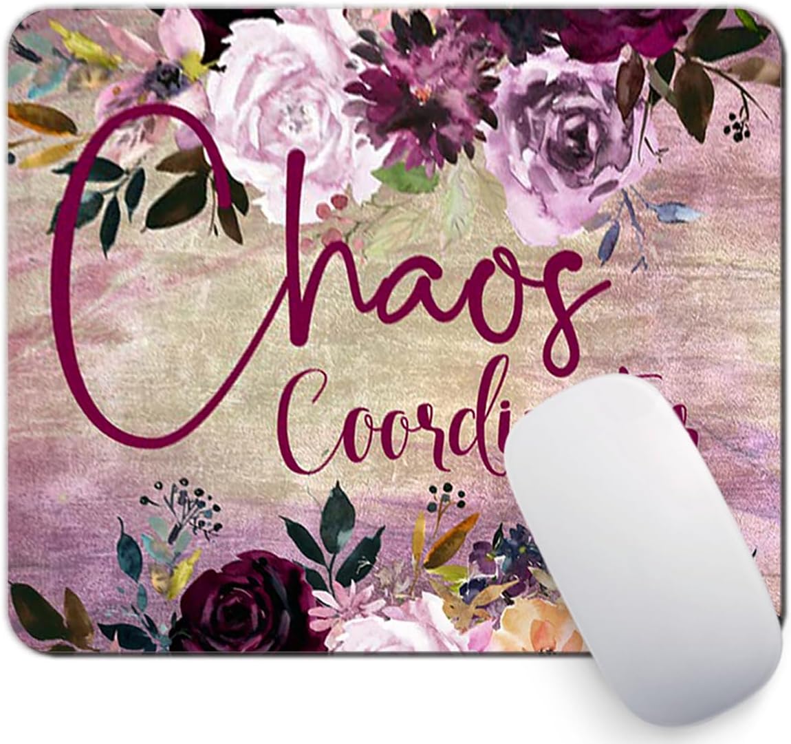Funny Quote Chaos Coordinator Mouse Pad Burgundy Pink Floral Watercolor Teacher Mousepad Desk Accessories Decor for Women