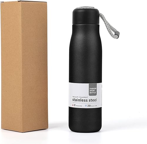 Botella de agua, botella de agua pequeña, botella aislada de acero inoxidable con tapa de correa, triple capa al vacío reutilizable