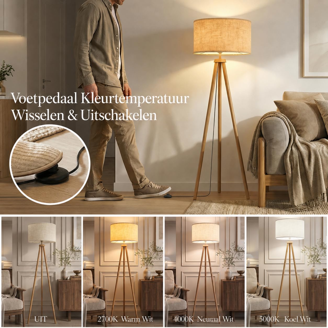 Stehlampe Wohnzimmer Dimmbar Dreibein Holzoptik-Metall, Inkl. 12W LED Moderne Stativ Stehleuchte 3 Farbtemperatur Fußschalter Retro Leselampe mit Stoffschirm für Schlafzimmer & Büro