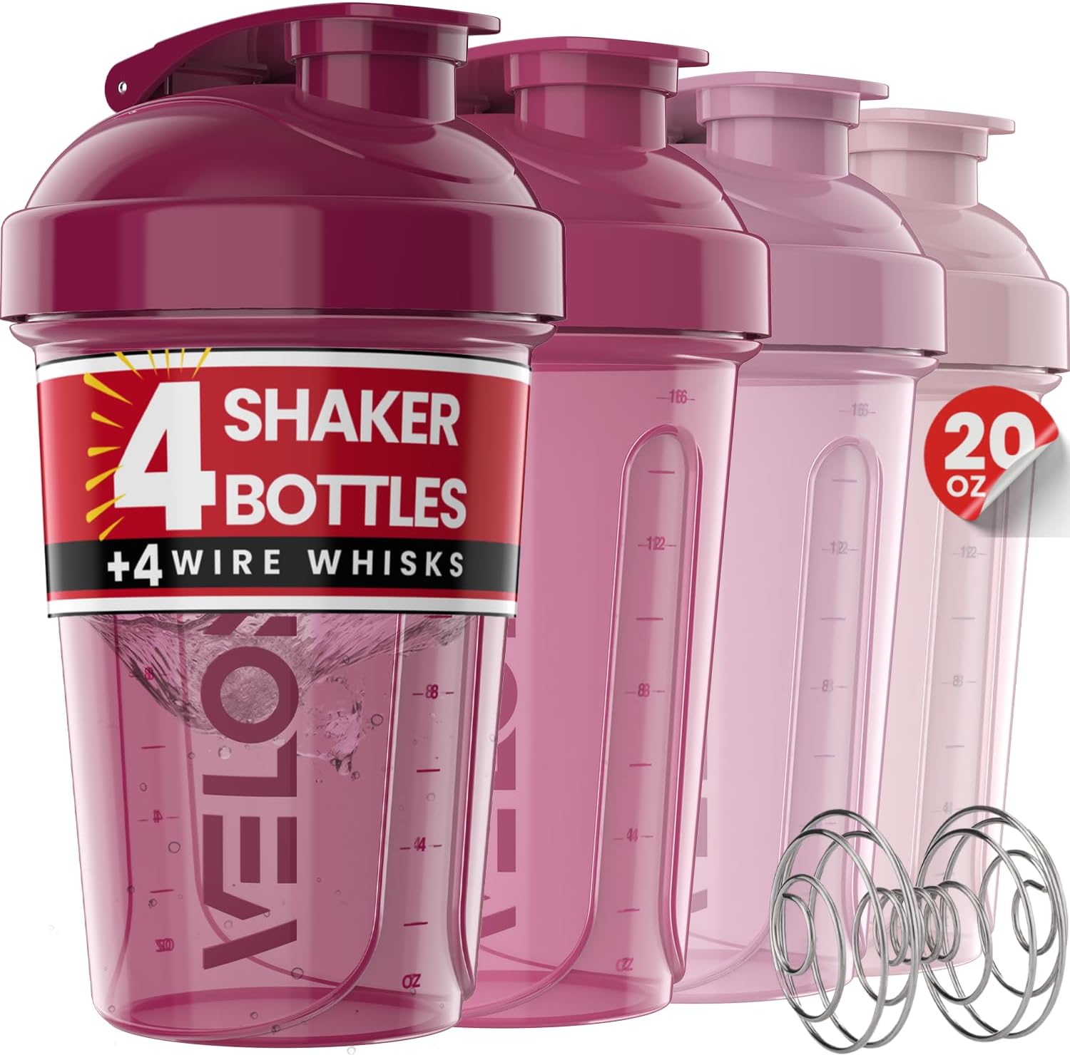 VELOMIX -4 PACK- 20 OZ Protein Shaker Bottle for Protein Mixes - 4x Wire Whisk | Leak Proof Shaker Cups for Protein Shakes | Stackable Protein Shaker Bottle Pack | Dishwasher Safe (Berry Blend)