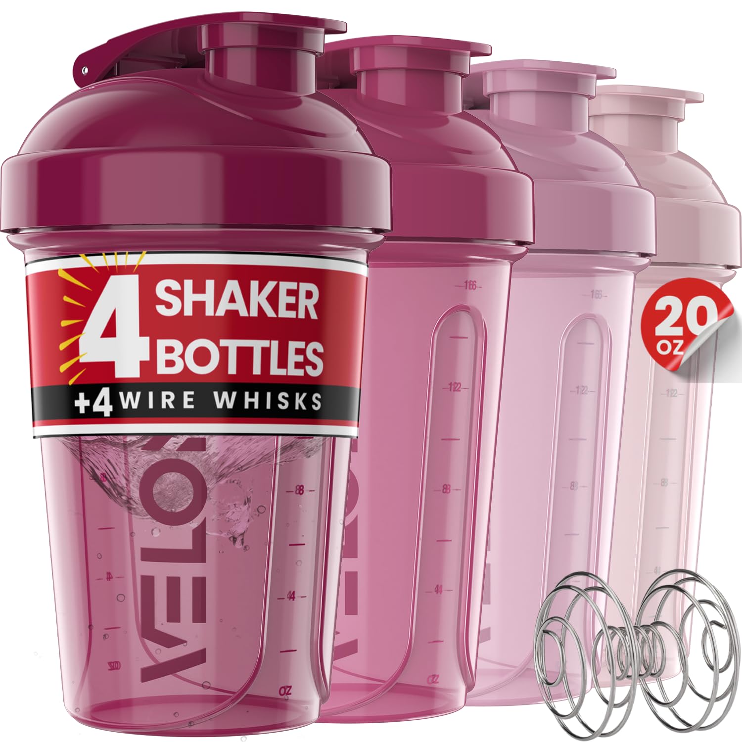 VELOMIX -4 PACK- 20 OZ Protein Shaker Bottles for Protein Mixes, Shaker Cups for Protein Shakes, Small Shaker Bottle Pack, Shaker Cup, Shakers for protein Shakes (Berry Blend)