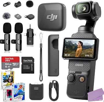 DJI Osmo Pocket 3 Mic Mini Clip-On Transmitter with Built-in Microphone Bundle + 64GB Memory, Additional 2X Wireless Mic System, Software 20 Items