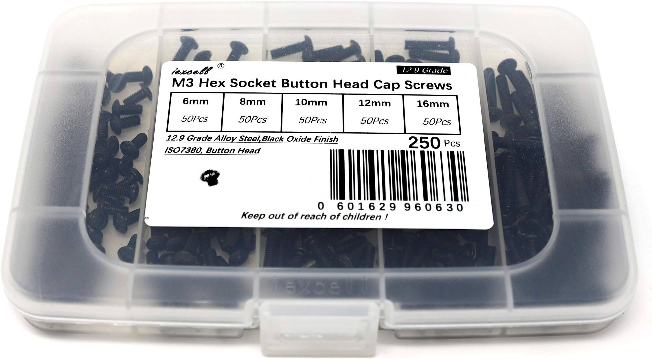 iExcell 250 Pcs M3 x 6mm/8mm/10mm/12mm/16mm 12.9 Grade High Tensile Alloy Steel Hex Socket Button Head Cap Screws Kit, Black Oxide Finish