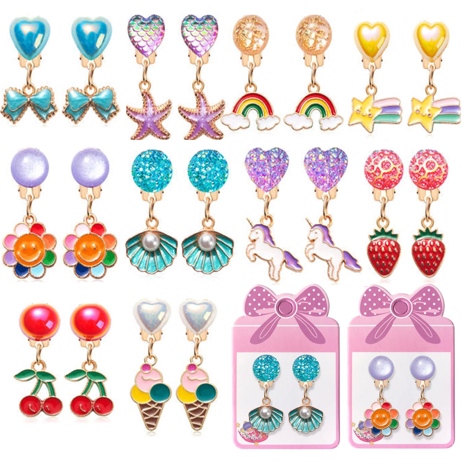 ERDOGLY Clip on Earrings for Girls, 10 Pairs Kids Clip on Earrings, Cute Toddler Earring Party Favor, Dangle Stick on Earring for Little Girls Pretend Princess Play Jewelry Set