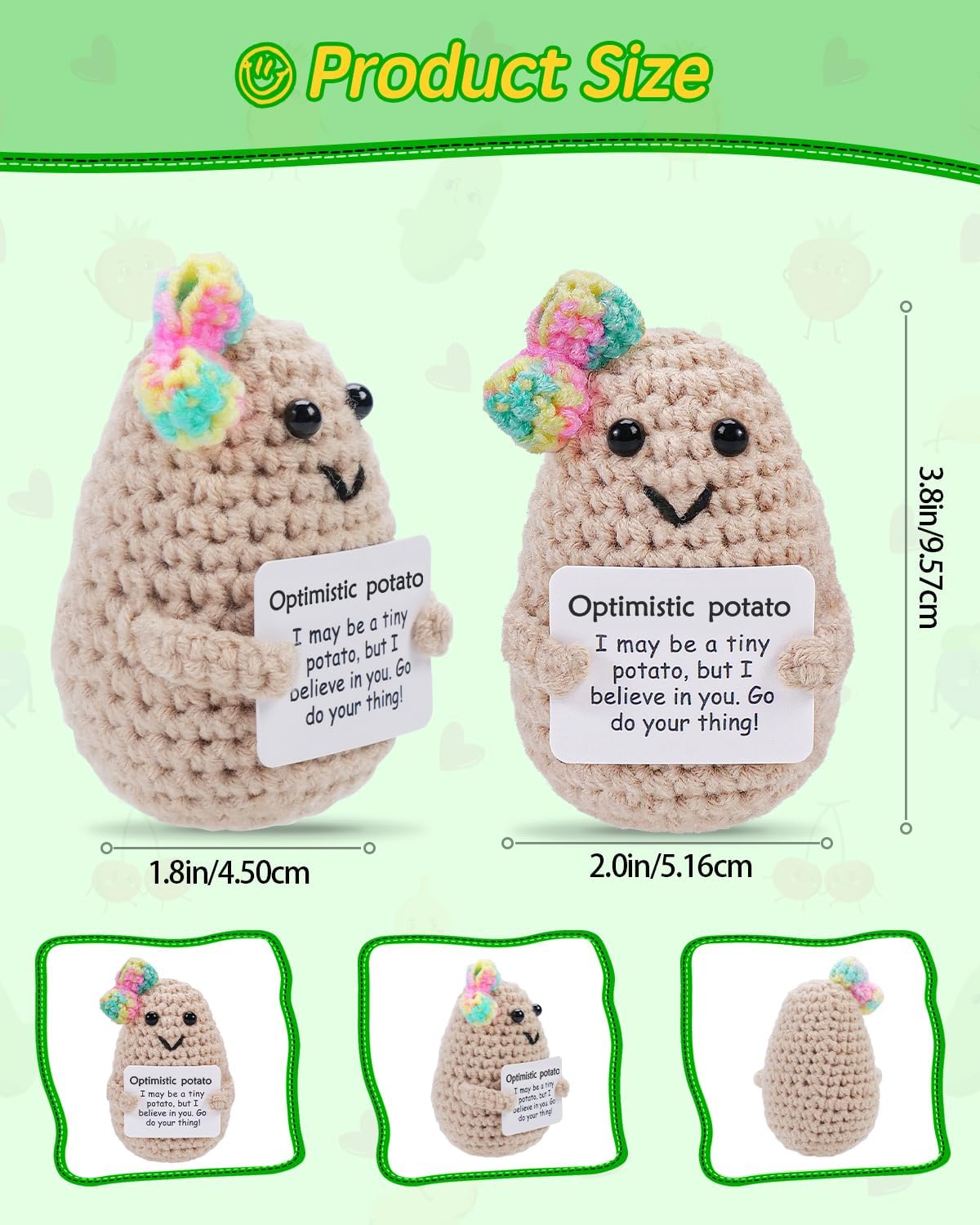 JELUTAR Mini Funny Optimistic Potato, 3 inch Knitted Doll with Card for Cheer Up Gifts and Party Decorations, Cute Optimistic Potato Crochet Doll for Birthday Gifts (Potato with Rainbow Bow)