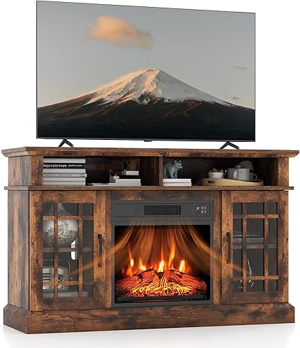 SIMOE Soporte de TV con chimenea para TV 55, soporte de TV de 48 pulgadas con calentador eléctrico de chimenea de 18 pulgadas, consola de TV Mondern