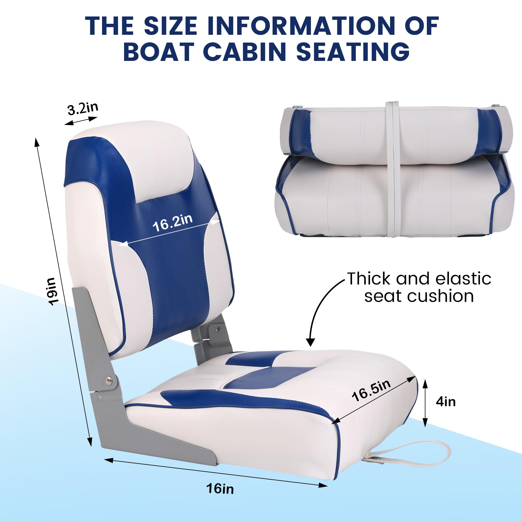 Garvee Sièges pliables bateau – Lot de 2, dossier bas, coussin épais, résistant intempéries, vis inox, parfaits pêche, croisière, speedboat – Coloris bleu royal et blanc