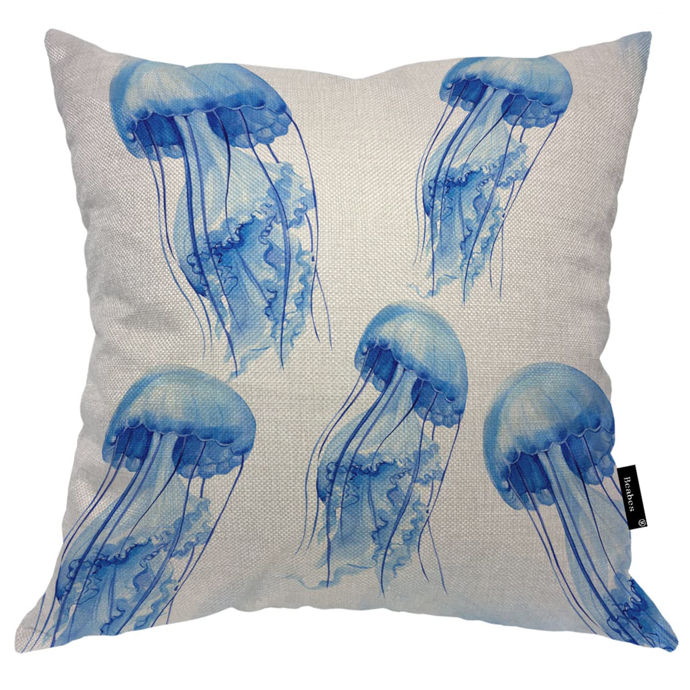 18x18 Inch Cushion Case Decor Blue Jellyfish, Watercolor Ocean Marine Fishes Sea Life Jellyfish Farmhouse Throw Pillow Cover Home Pillowcase Decorations for Sofa Couch Office Car