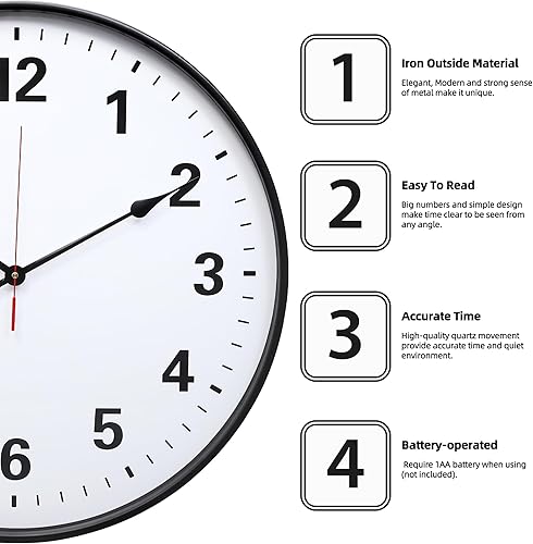 Miniatura 2 de LEIKE Reloj de pared grande de metal de 24 pulgadas, color negro, cuarzo silencioso retro, funciona con pilas, decorativo para patio, cocina, sala