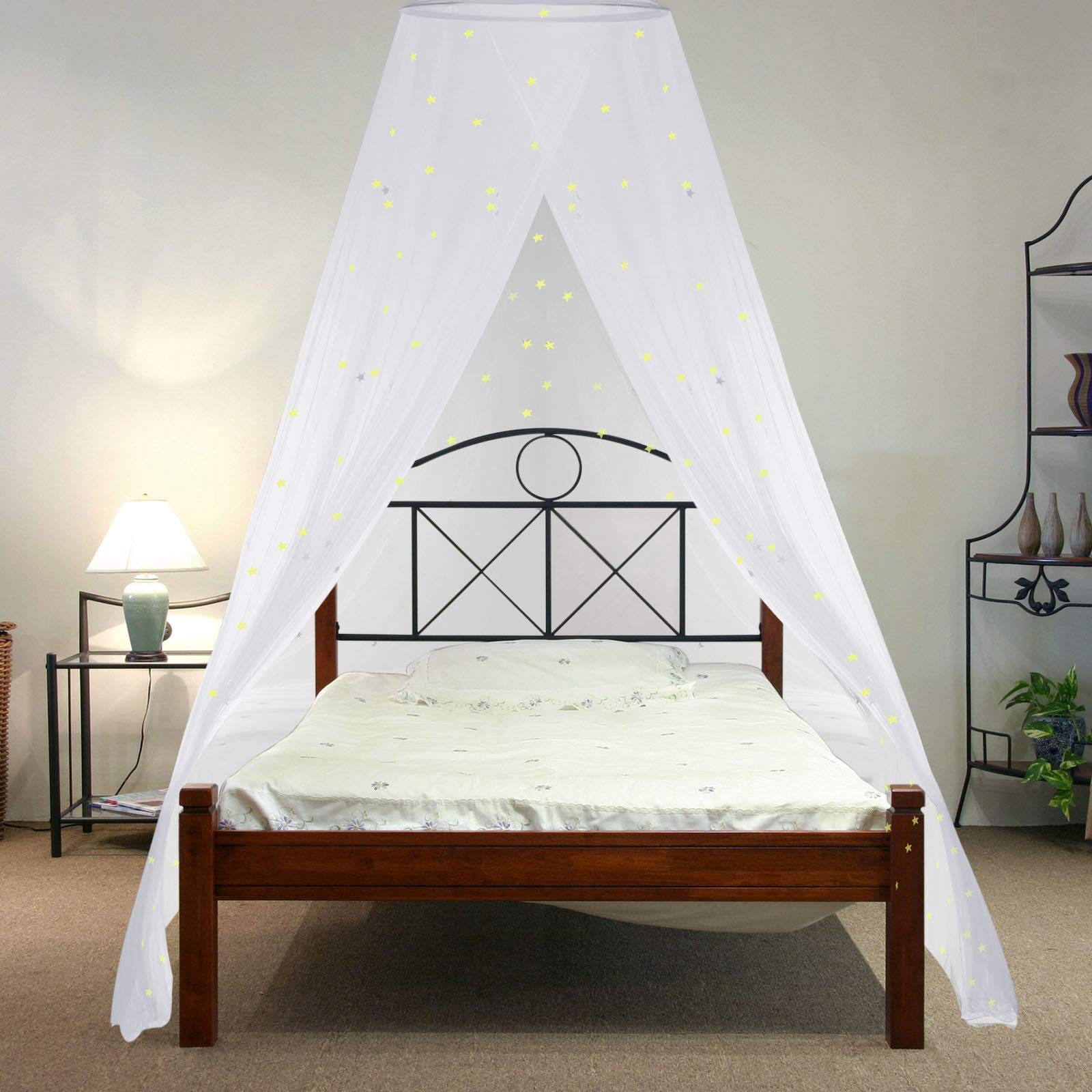 Baldaquin de Dôme de Lit Baldaquin de Paillettes Baldaquin de Lit Suspendu Auvent de Lit Suspendu Facile à Installer Moustiquaire Baldaquin de Lit pour Lits Simples à King Size (Blanc)