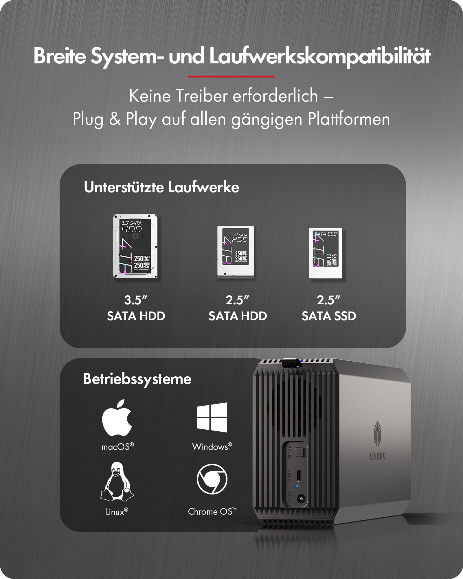 ICY BOX (2-Bay RAID-System 2,5"/3,5" SATA, USB 3.2 Gen 1 Type-C, RAID 0/1/SINGLE/LARGE, 50-mm Lüfter, LED-Status, Aluminium) Externes Gehäuse für HDD/SSD, bis 30 TB IB-RD3720-CU3