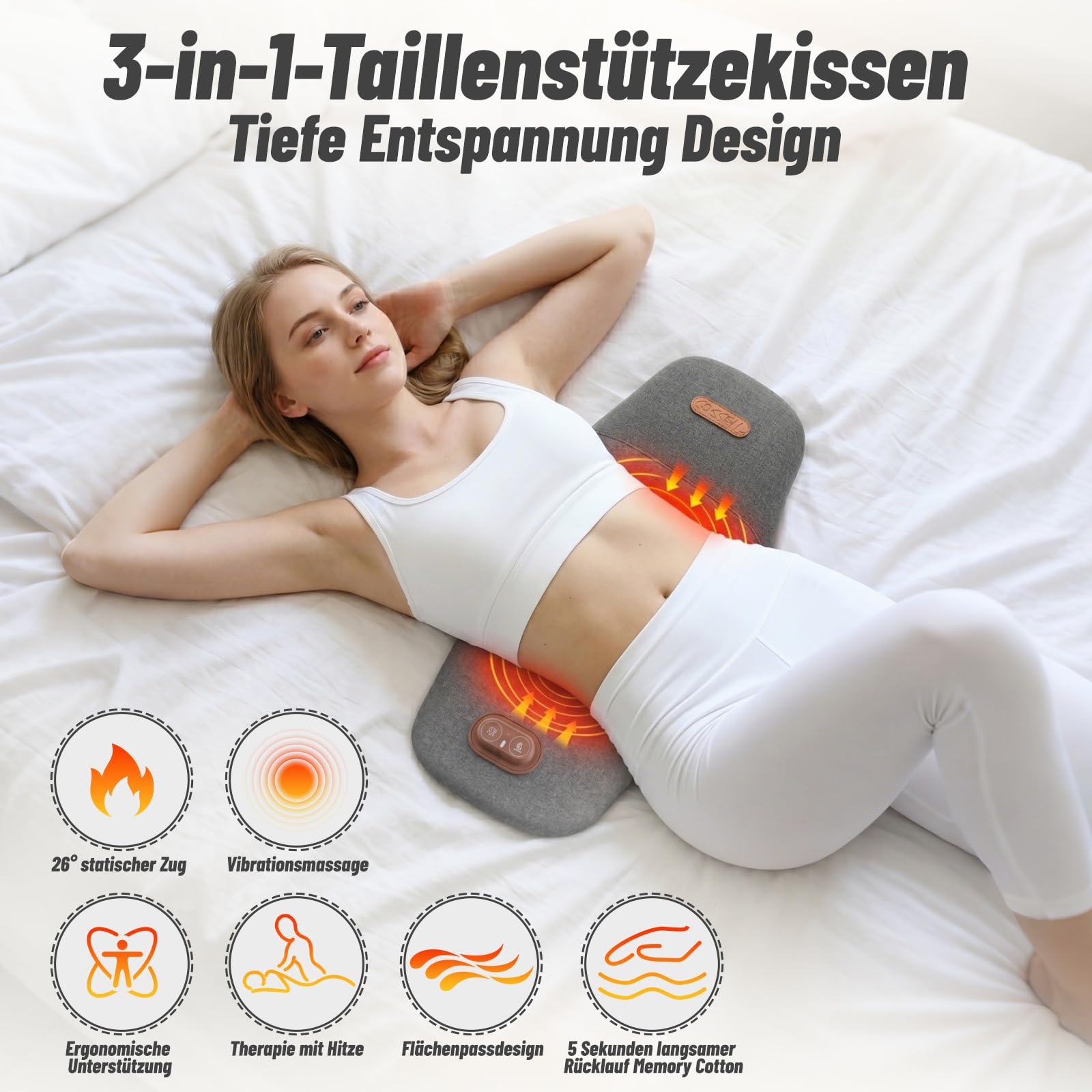 Rückenmassagegerät,Massagekissen Lendenwirbelkissen mit Wärme- und Vibrationsmassage, 5-Sekunden-Memory-Schaum, 26° Lendenstütze, Ergonomisches Rückenkissen für Bürostuhl, Auto, Bett und Sofa