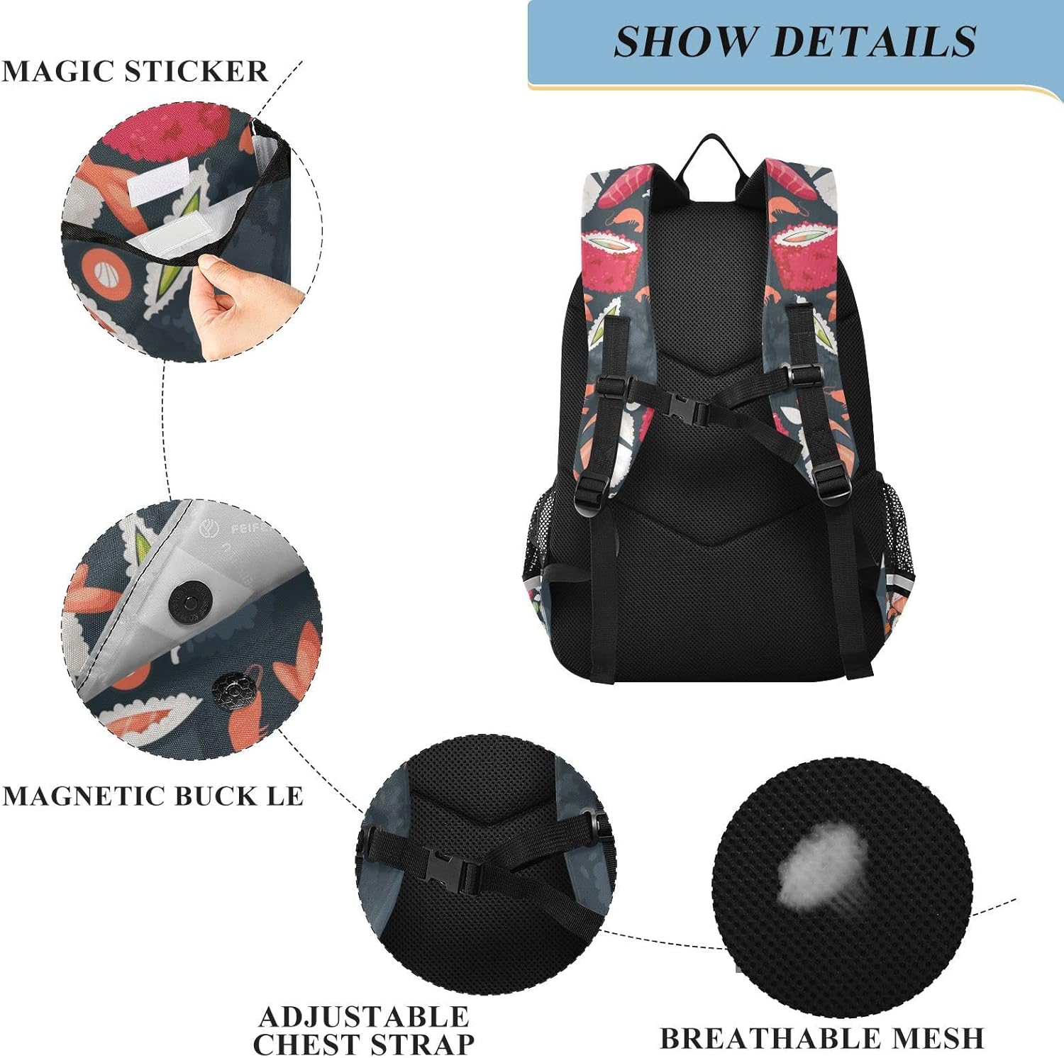 Japanese Sushi and Rolls Backpack School Bag Lightweight Laptop Backpack Student Travel Daypack with Reflective Stripes