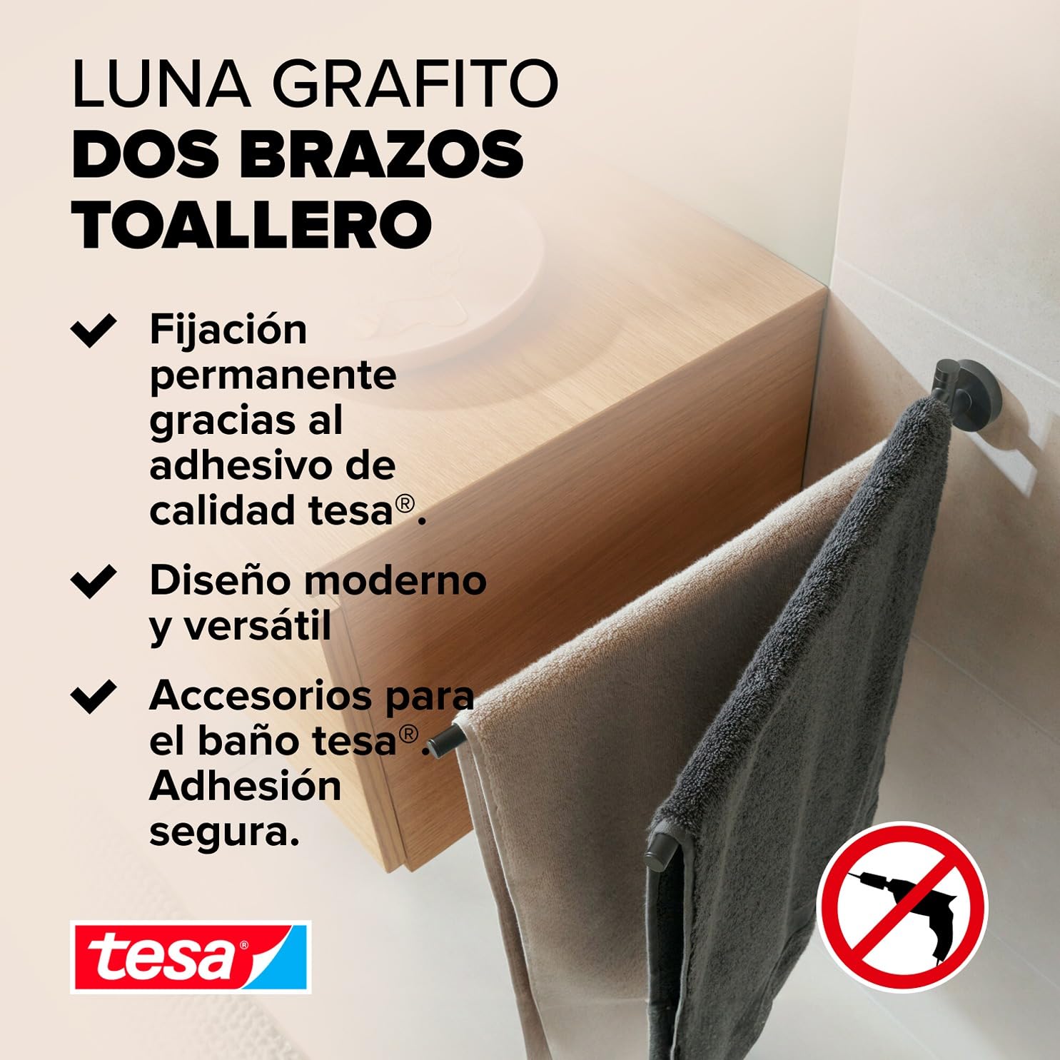 tesa® Moon Toallero Autoadhesivo de 2 Brazos - Doble Barra de Metal Revestido de PVD, Cepillado en Grafito - sin Taladrar, Incluye Solución Adhesiva - 84 mm x 50 mm x 456 mm